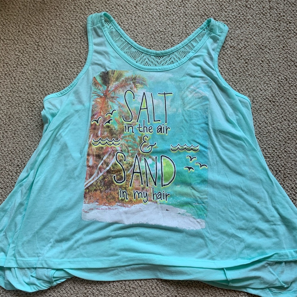 Juniors Pale blue Beach graphic tank.